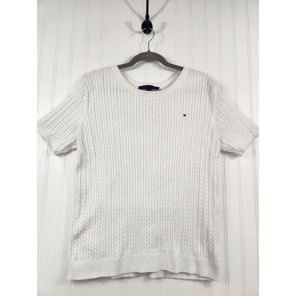 Tommy Hilfiger Crisp White Cable Knit Short Sleeve Sweater Cotton Crew Neck L